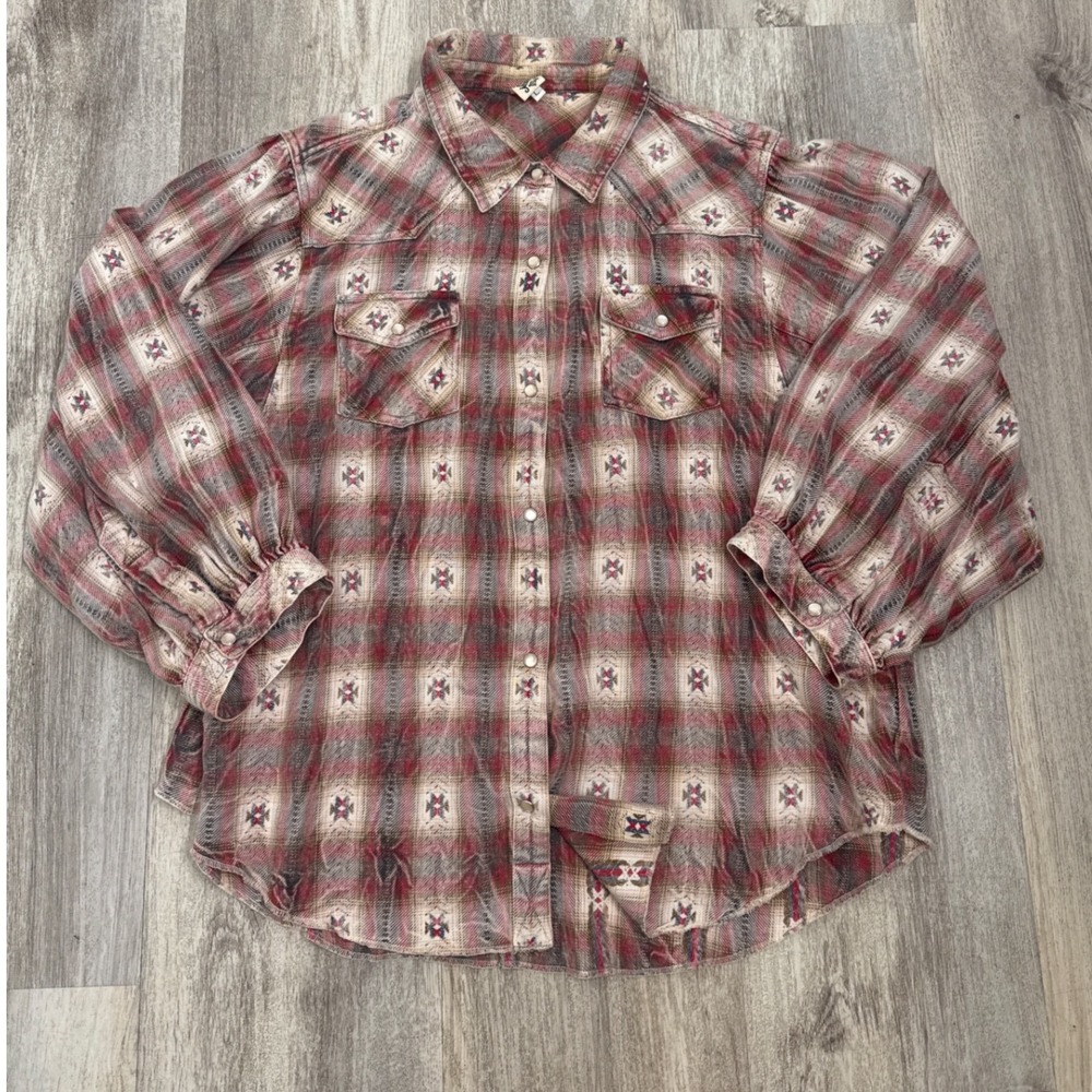 Ivy Jane Womens Red Plaid‎ Pearl Snap Rodeo Puff Sleeve Western Shirt Large